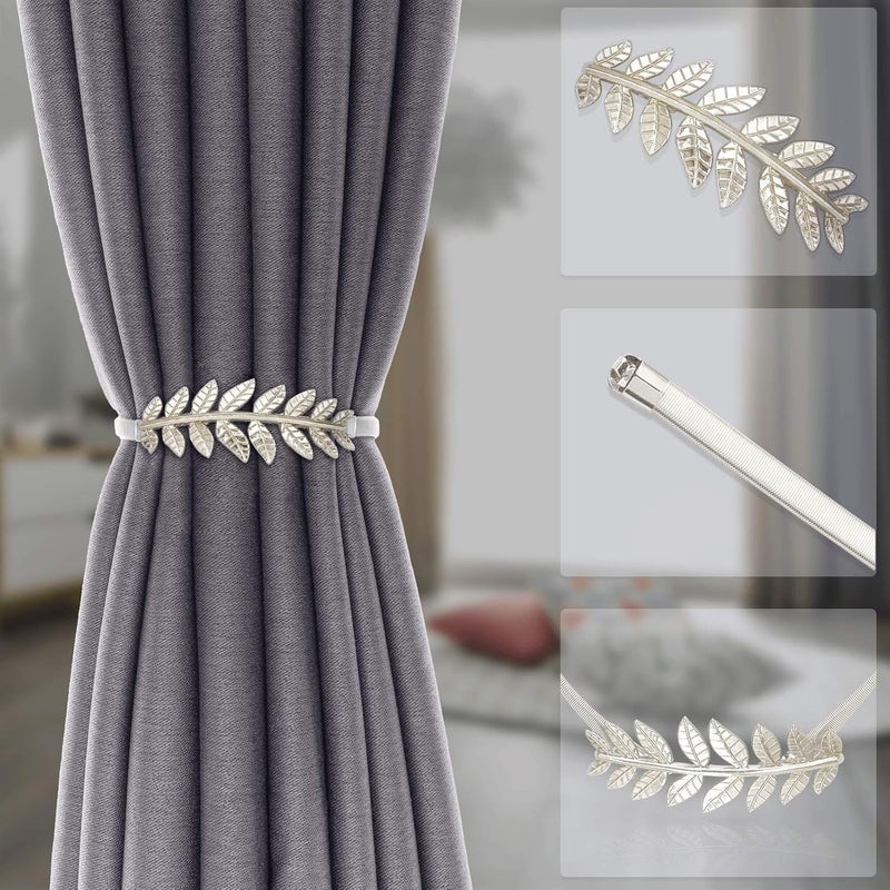 LLPMutu 4 حزمة من روابط الستائر بتصميم زنبركي من سبائك الألمنيوم - روابط ستائر بتصميم نحت ورقة للستائر - روابط حديثة (ورقة فضية) - Image 3